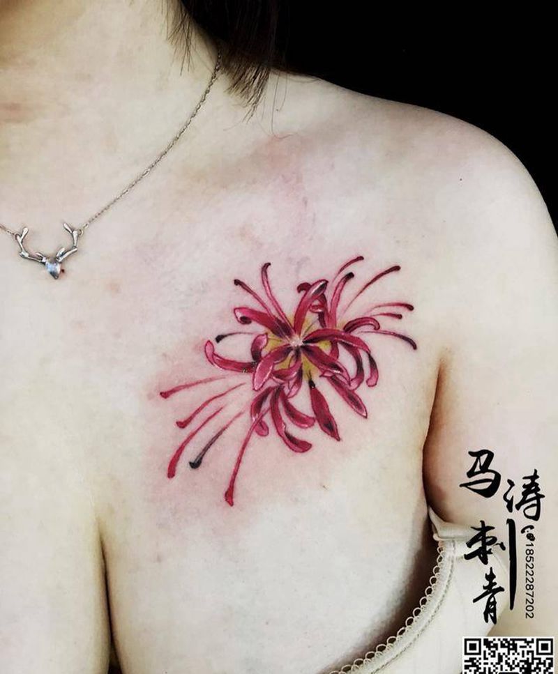 彼岸花纹身图片_胸部欧美写实New School纹身图案