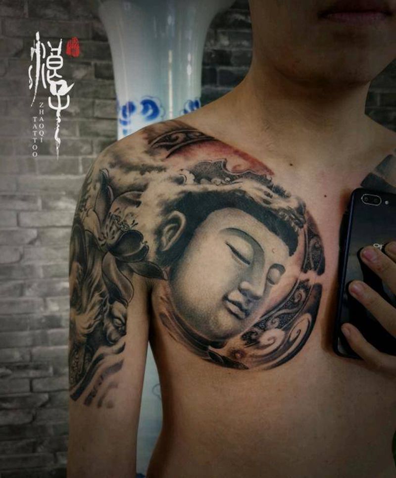 佛缘纹身图片_胸部手臂新传统佛孙悟空文殊菩萨纹身图案