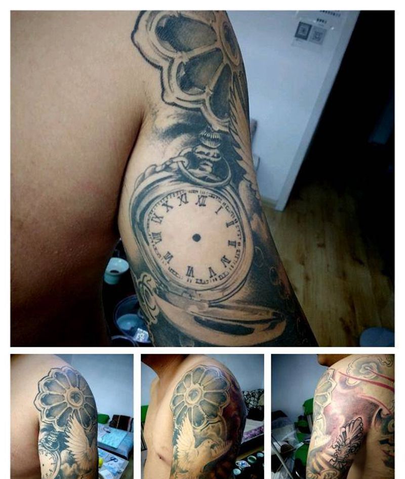 欧美拼接花臂纹身图片_手臂欧美写实欧美花体字表纹身图案