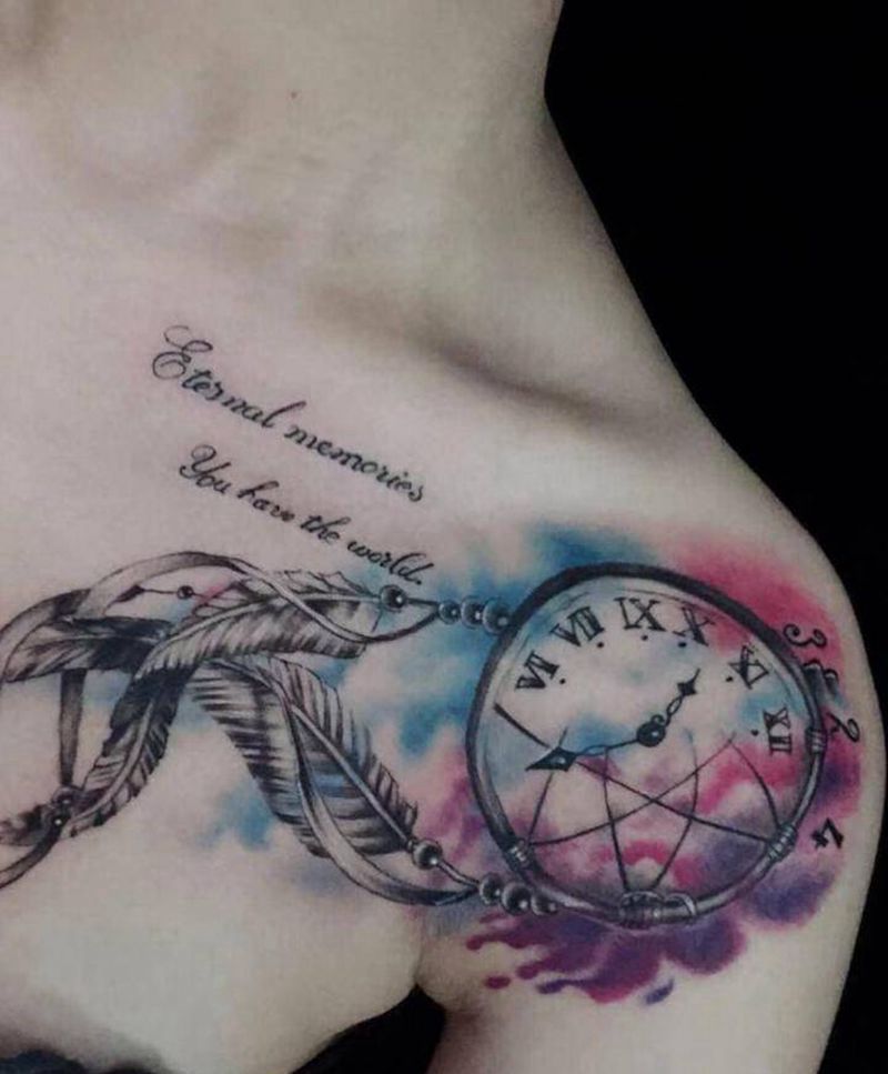 捕梦网纹身图片_胸部水彩水墨纹身图案