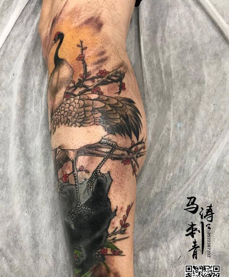 松鹤纹身图片_脚部腿部传统动物纹身图案