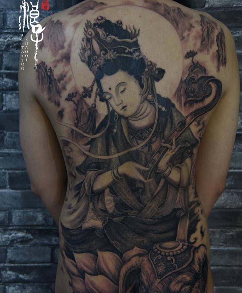 普贤菩萨纹身图片_背部新传统菩萨佛普贤菩萨纹身图案