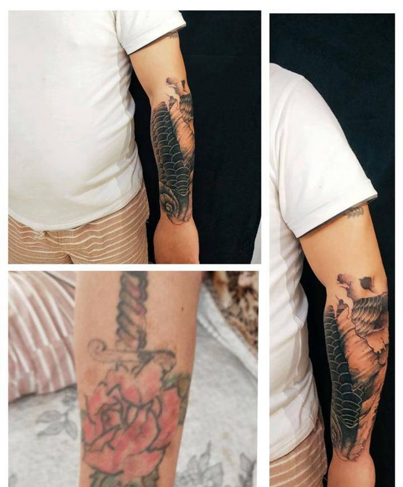 黑鱼遮盖纹身图片_手臂新传统纹身图案