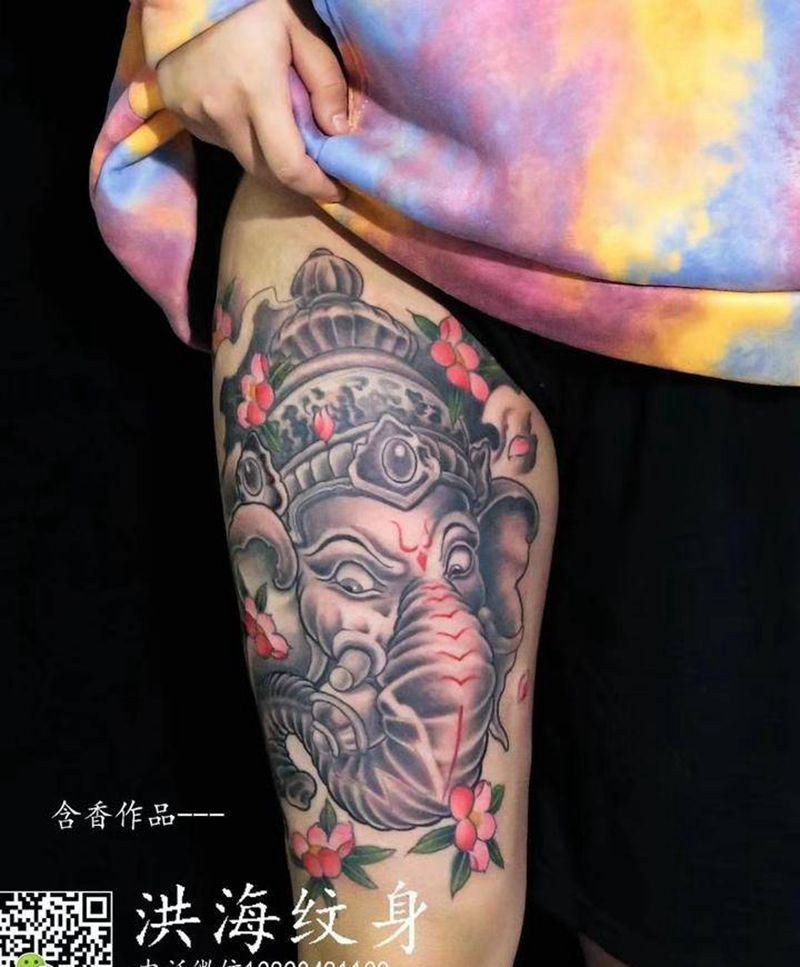 象神纹身图片_腿部新传统纹身图案