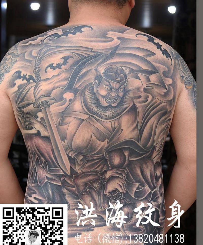 钟魁纹身图片_成品背部传统人物纹身图案