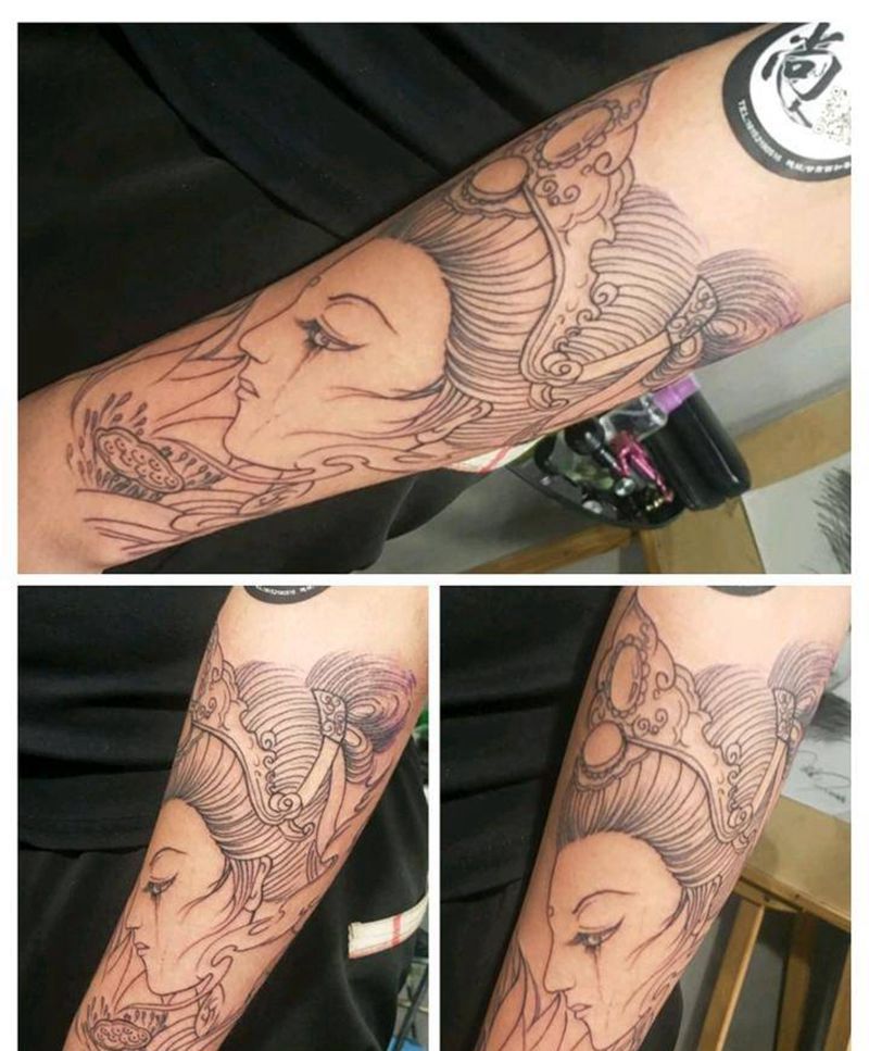 艺妓线条纹身图片_手臂新传统纹身图案