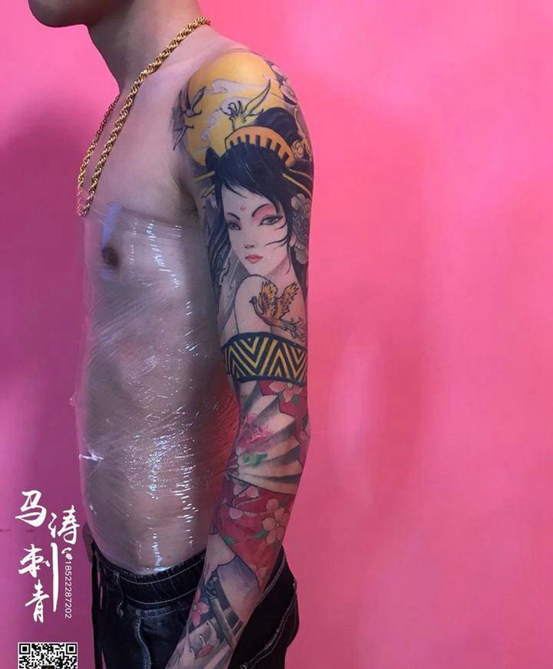 艺伎与龙纹身图片_手臂肩部新传统New School纹身图案