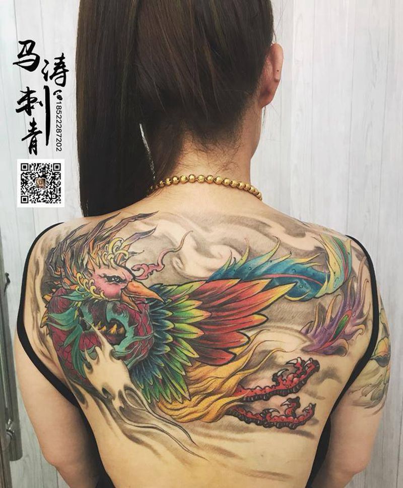 凤凰纹身图片_背部腰部颈部肩部动物国画成品纹身图案