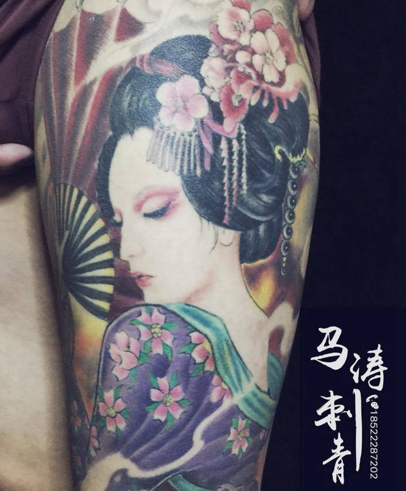 艺妓纹身图片_人物清新传统写实肖像欧美几何腿部臀部纹身图案