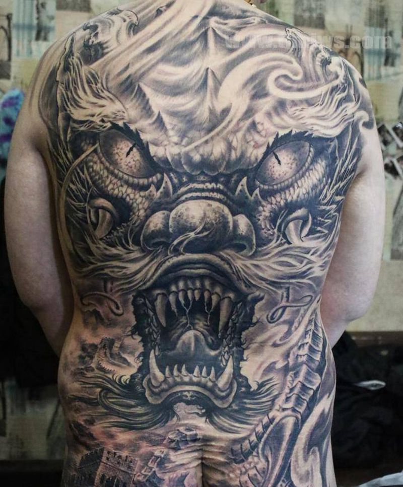 怒冲纹身图片_成品背部传统动物鬼神原创纹身图案
