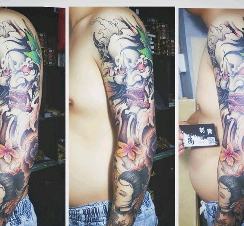 般若艺妓花臂纹身图片_手臂新传统纹身图案