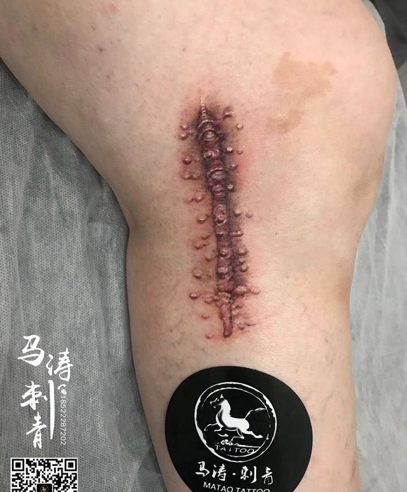 欧美疤痕纹身图片_成品腿部欧美写实几何原创脚部纹身图案
