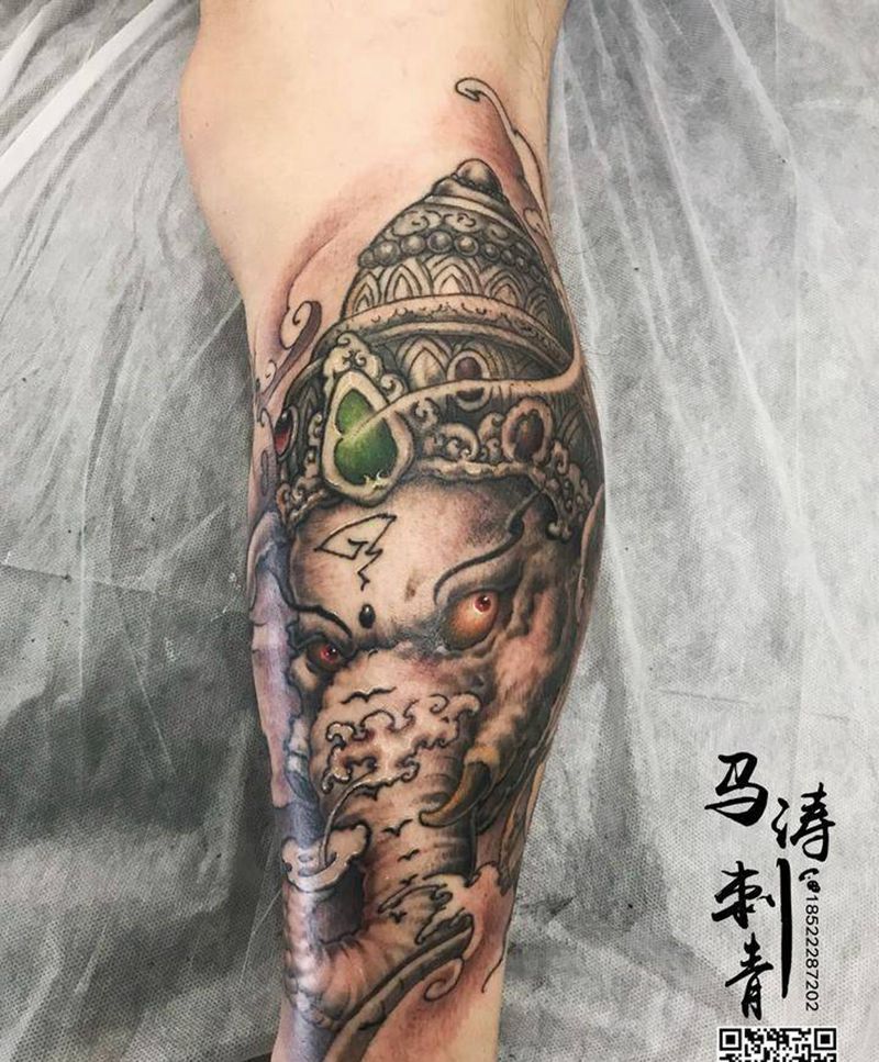 象神纹身图片_传统腿部脚部动物成品纹身图案