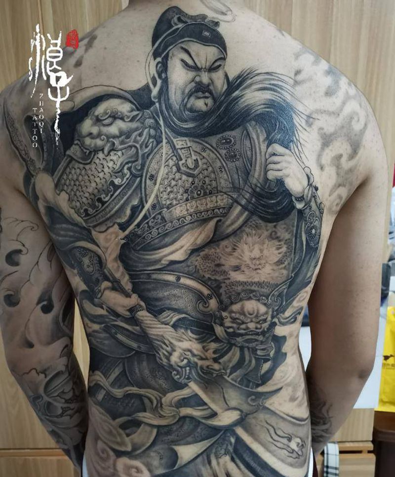 关公纹身图片_背部新传统关公关羽关二爷纹身图案