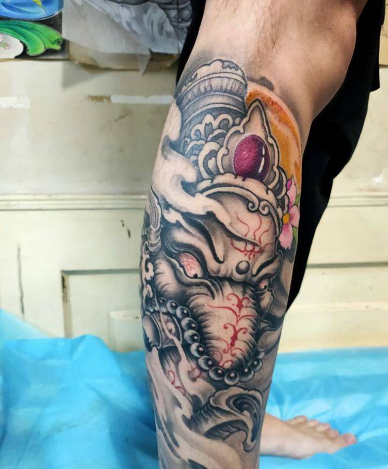 包小腿 象神纹身图片_腿部新传统纹身图案