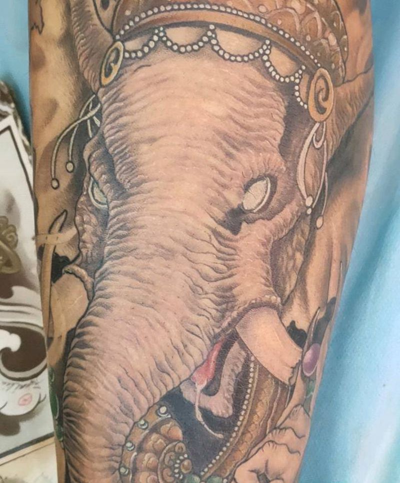 象神 包小腿纹身图片_腿部新传统纹身图案
