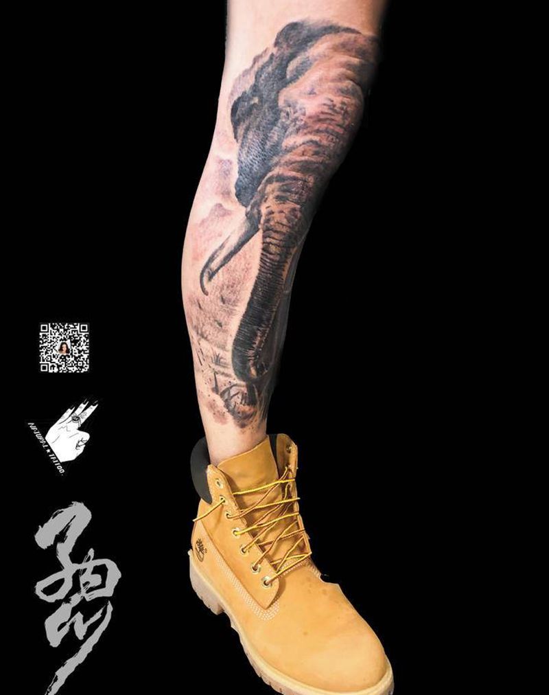 勇往直前的大象纹身图片_腿部欧美写实New School水墨纹身图案