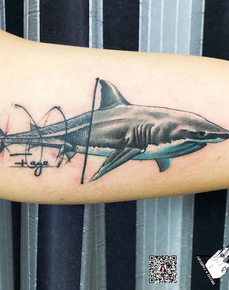 大白鲨纹身图片_手臂New School几何原创纹身图案