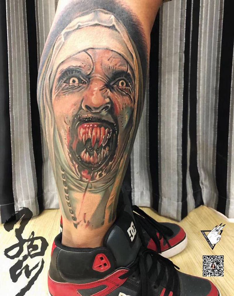 鬼修女纹身图片_腿部欧美写实New School重彩3D纹身图案