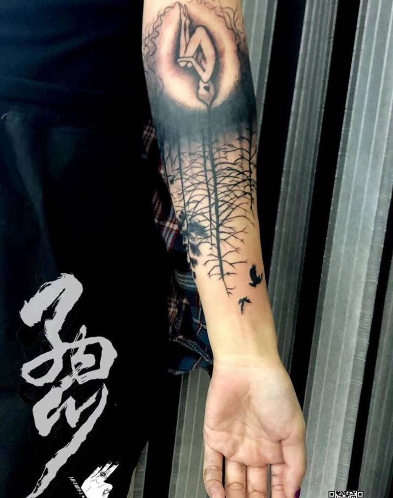 森林纹身图片_手臂New School黑白纹身图案