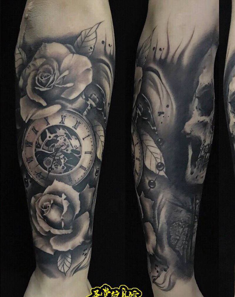 玫瑰钟表骷髅纹身纹身图片_手臂欧美写实骷髅，玫瑰玫瑰人物纹身图案