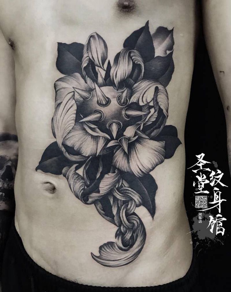 ～纹身图片_腹部腰部欧美写实花流星锤纹身图案