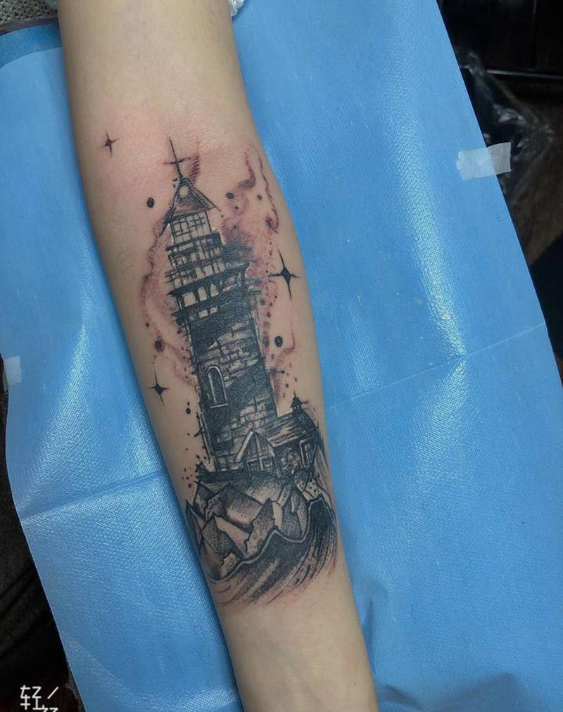 遮盖作品灯塔纹身图片_手臂水墨欧美写实纹身图案
