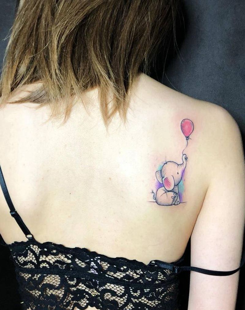 小象纹身图片_背部水彩小清新纹身图案