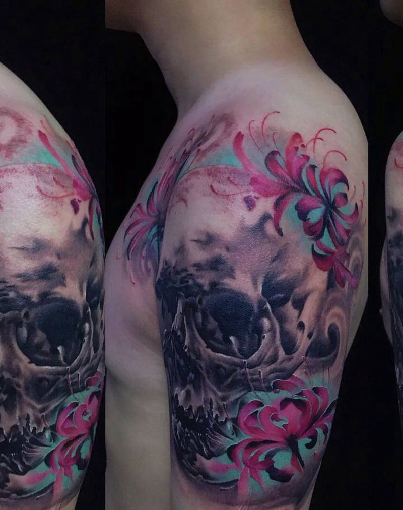 重生纹身图片_肩部欧美写实骷髅纹身图案