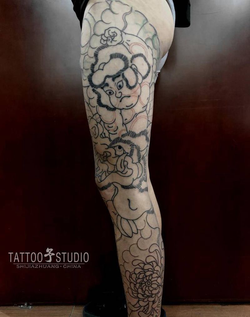 日式传统纹身图片_腿部老传统纹身图案