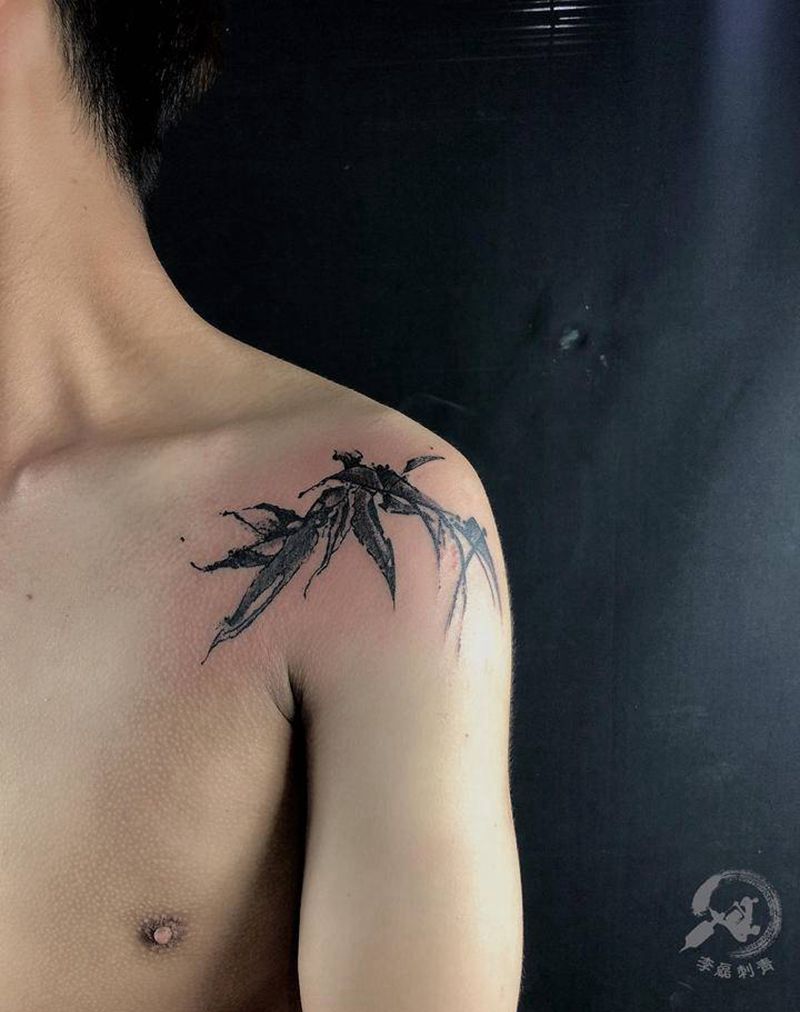 竹子纹身图片_肩部水墨纹身图案