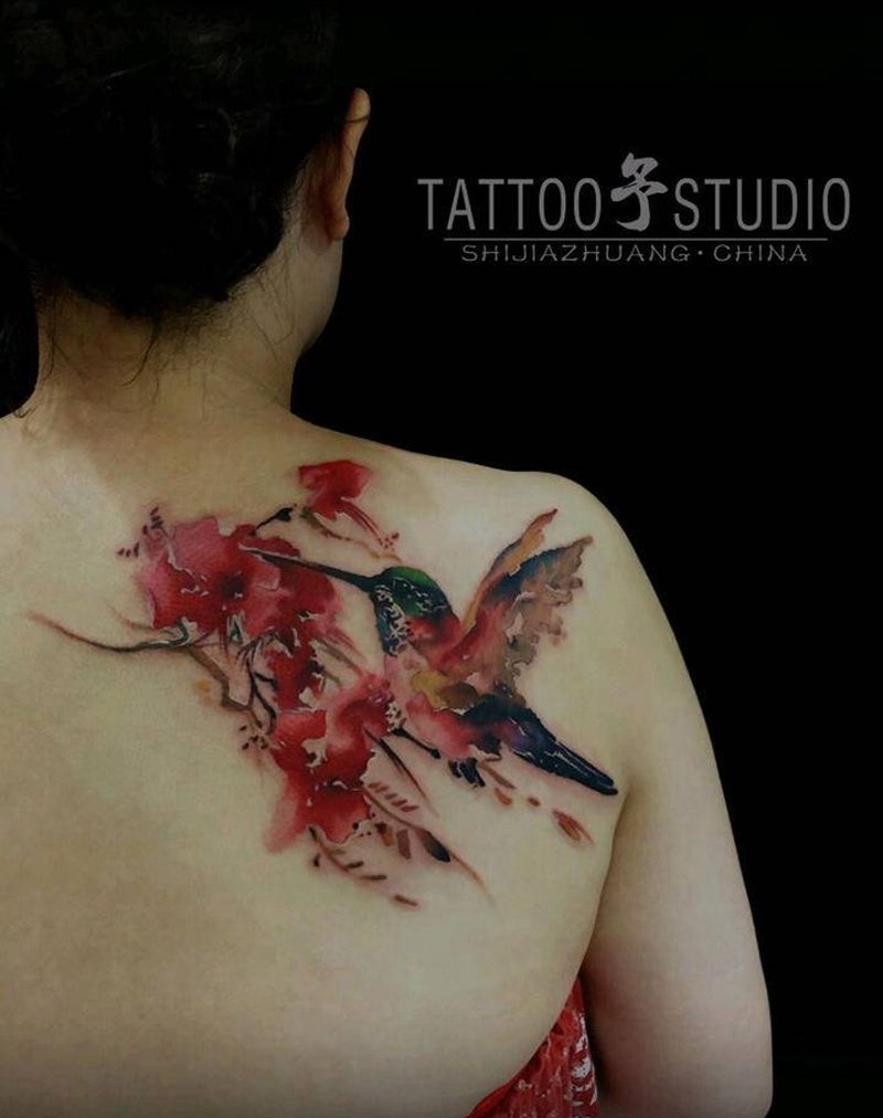 水彩作品纹身图片_背部水彩水墨纹身图案