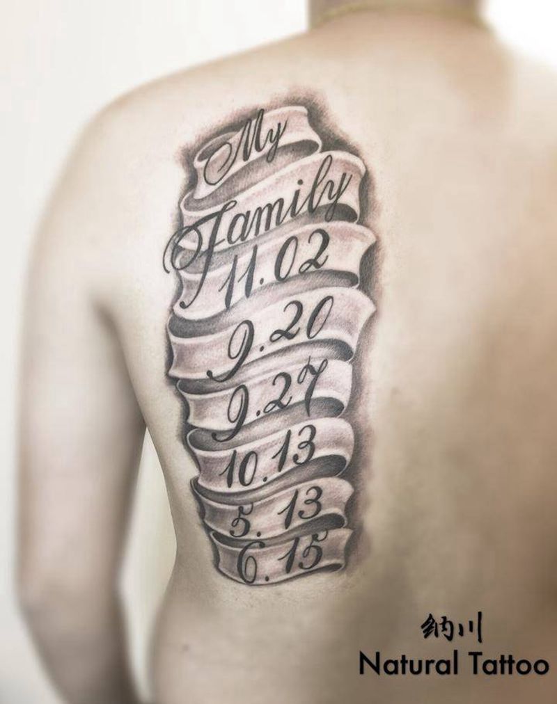 飘带的纪念日（背景未完纹身图片_背部欧美字符静物原创未完成品纹身图案