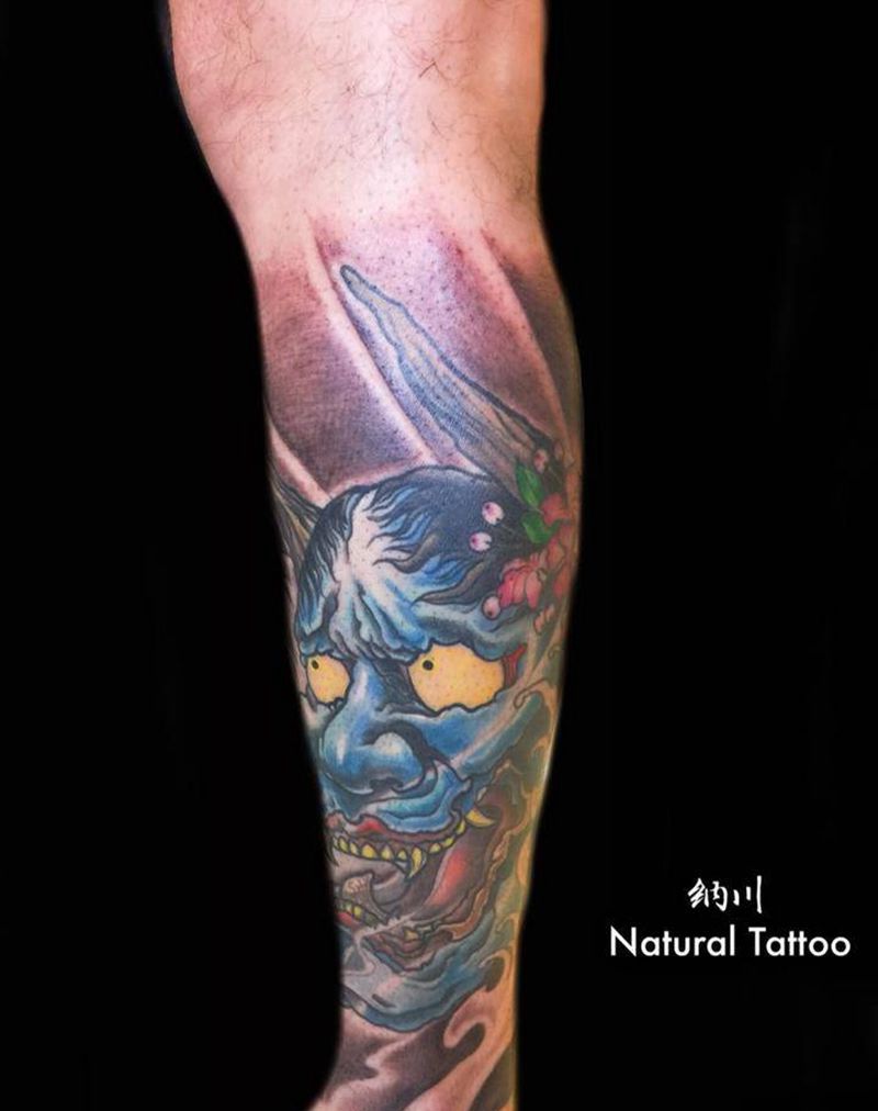 般若纹身图片_成品腿部传统鬼神原创人物植物纹身图案