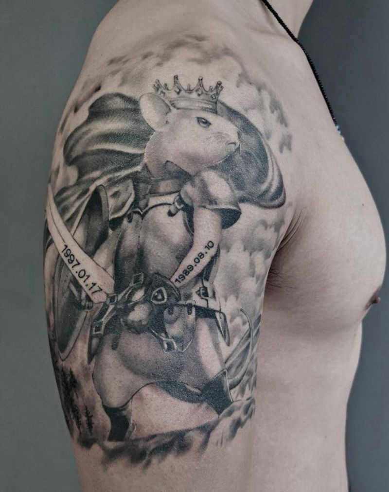 鼠武士纹身图片_手臂腿部欧美写实老传统老鼠武士大臂纹身纹身图案