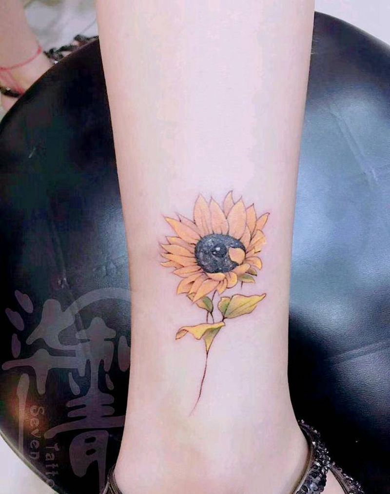 小做向阳花纹身图片_腿部手臂New School水彩向日葵纹身图案