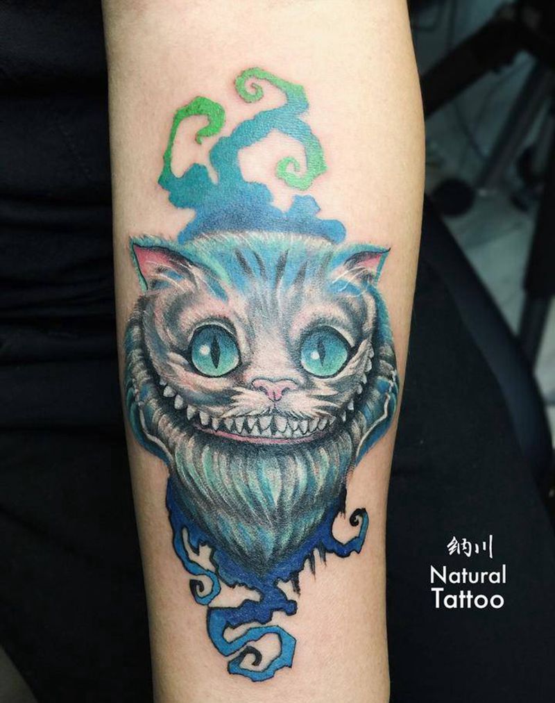 爱丽丝猫咪纹身图片_成品插画手臂动物鬼神贴纸纹身图案