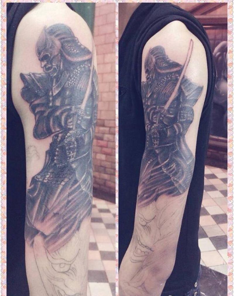 武士未完成纹身图片_手臂欧美人物纹身图案
