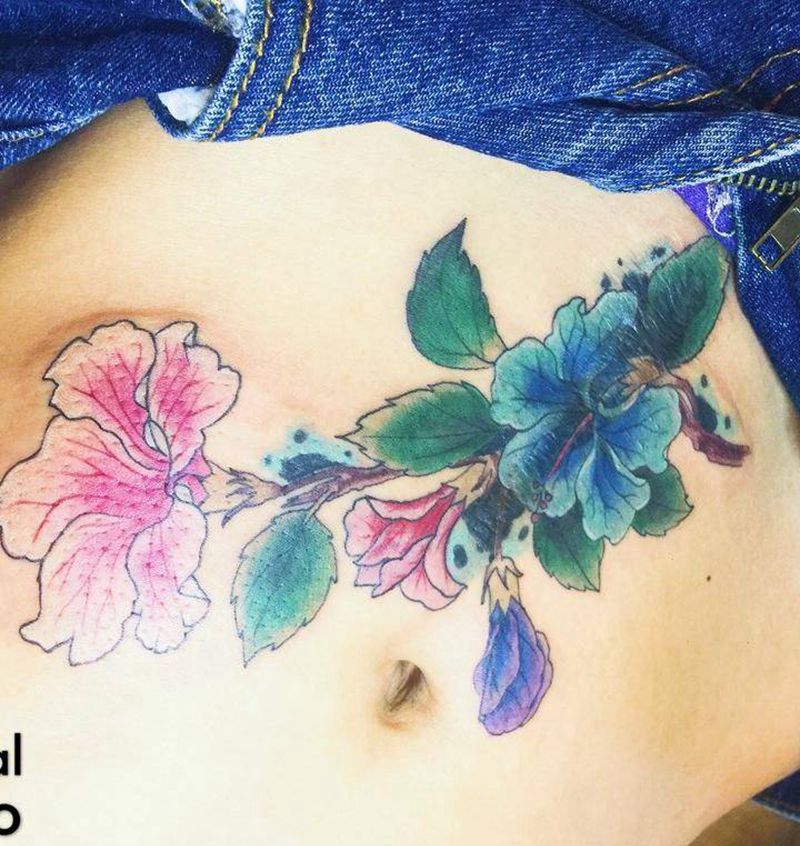 疤痕遮盖纹身图片_成品腹部清新植物原创纹身图案