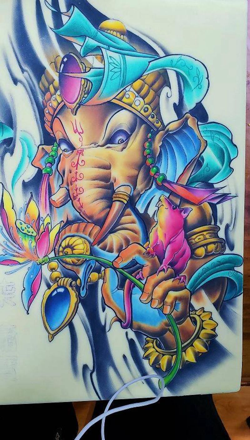 象神纹身图片_肩部腿部新传统New School象神鼠纹身图案