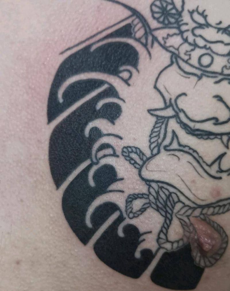 半甲小进度纹身图片_胸部背部老传统新传统鬼武士半甲圆针打雾纹身图案