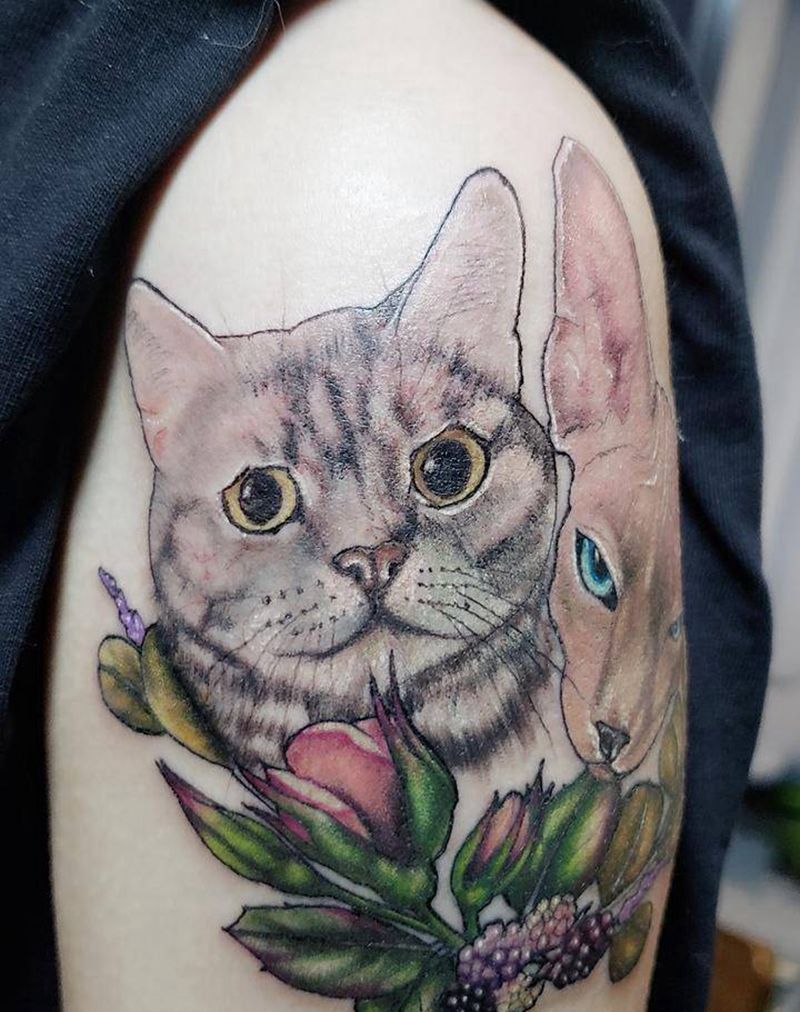 猫咪纹身上的体验纹身图片_肩部手臂New SchoolOld School猫咪无毛猫纹身图案