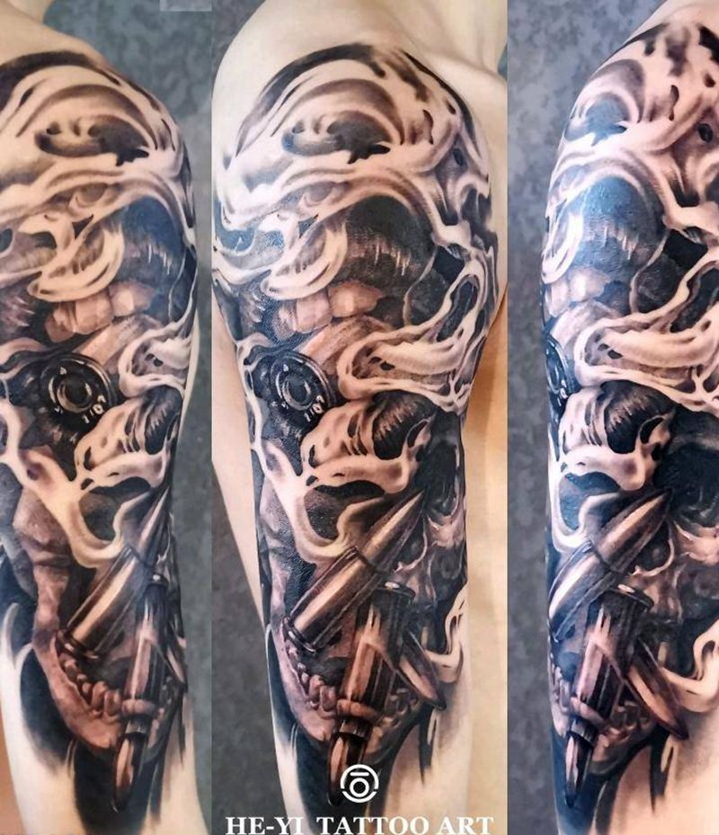 嘎嘣脆纹身图片_手臂腿部欧美写实点刺欧美写实骷髅纹身大臂外侧纹身图案