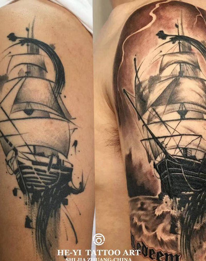 帆船添加修改纹身图片_手臂欧美写实纹身图案
