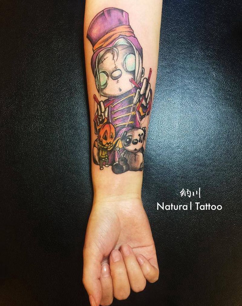提线木偶纹身图片_成品插画手臂欧美鬼神人物卡通纹身图案