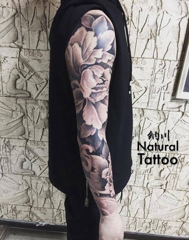 牡丹花臂（叶子未割线纹身图片_成品手臂传统习俗植物纹身图案