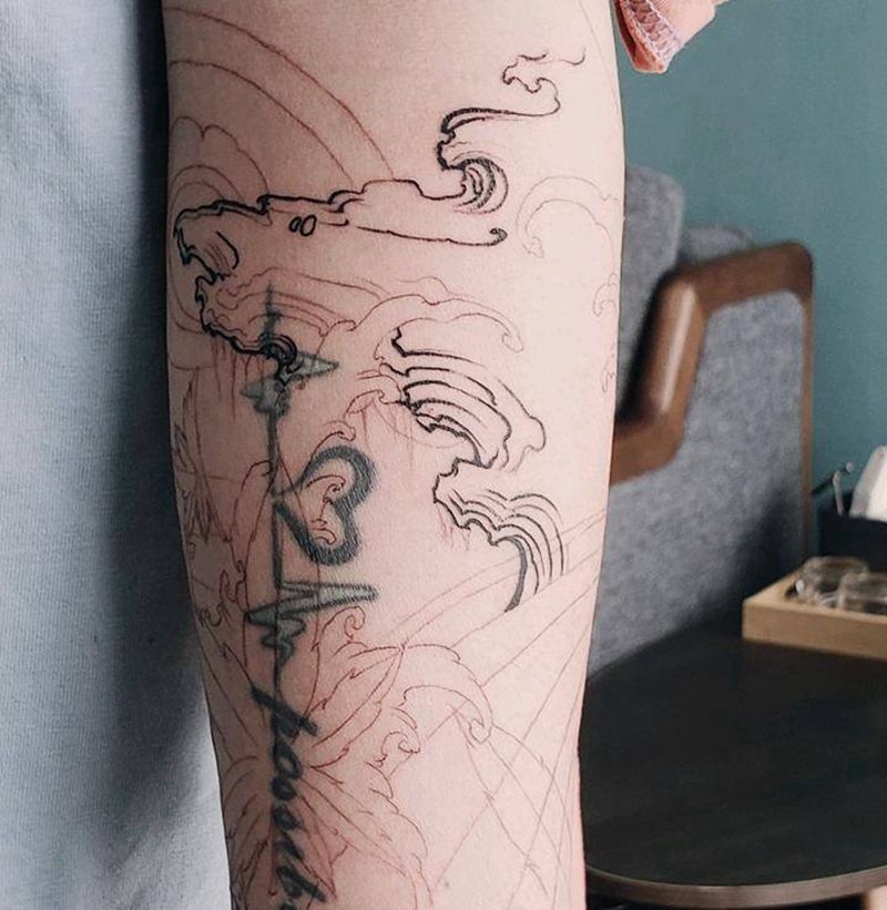 工笔画山水纹身图片_手臂腿部新传统老传统磐石水浪板雾纹身图案