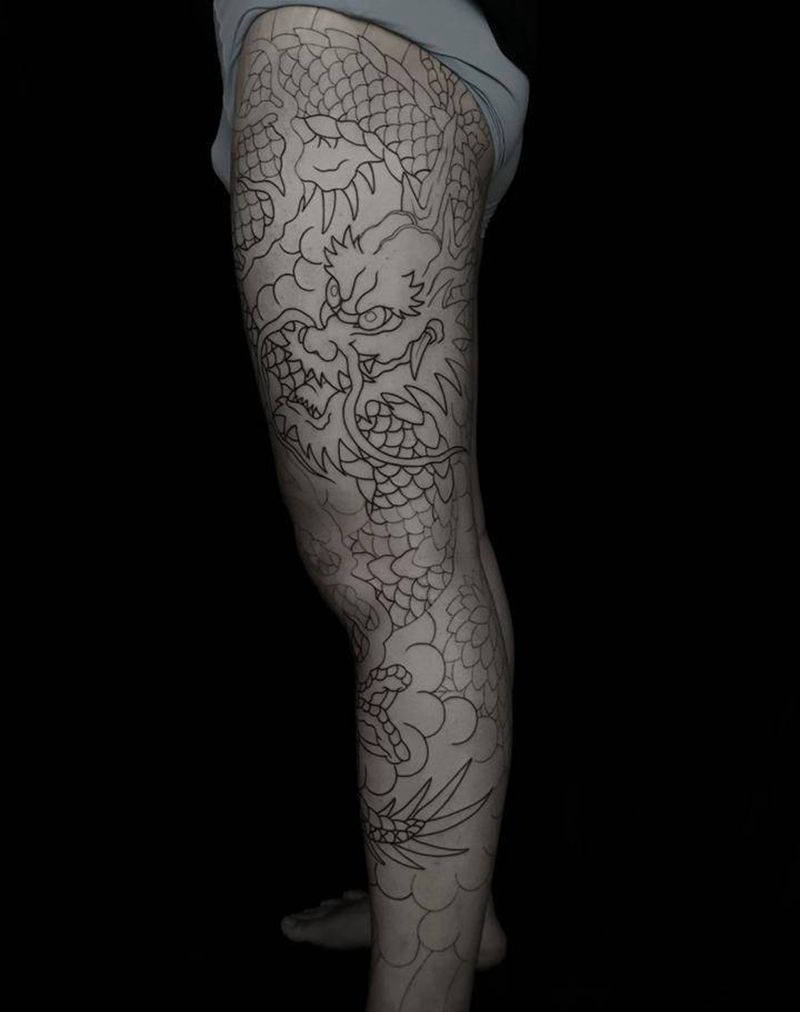花腿龙纹身图片_腿部背部老传统新传统花腿龙老传统花腿老传统龙纹身图案