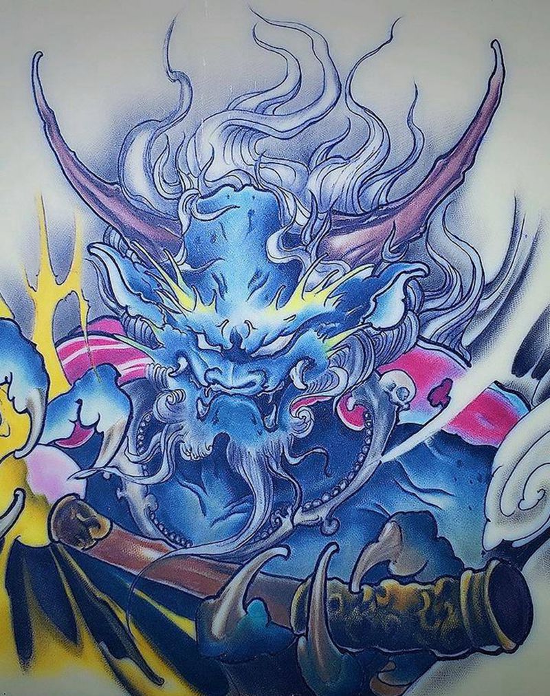 雷神——临摹精雕纹身图片_颈部肩部新传统点刺雷神纹身图案