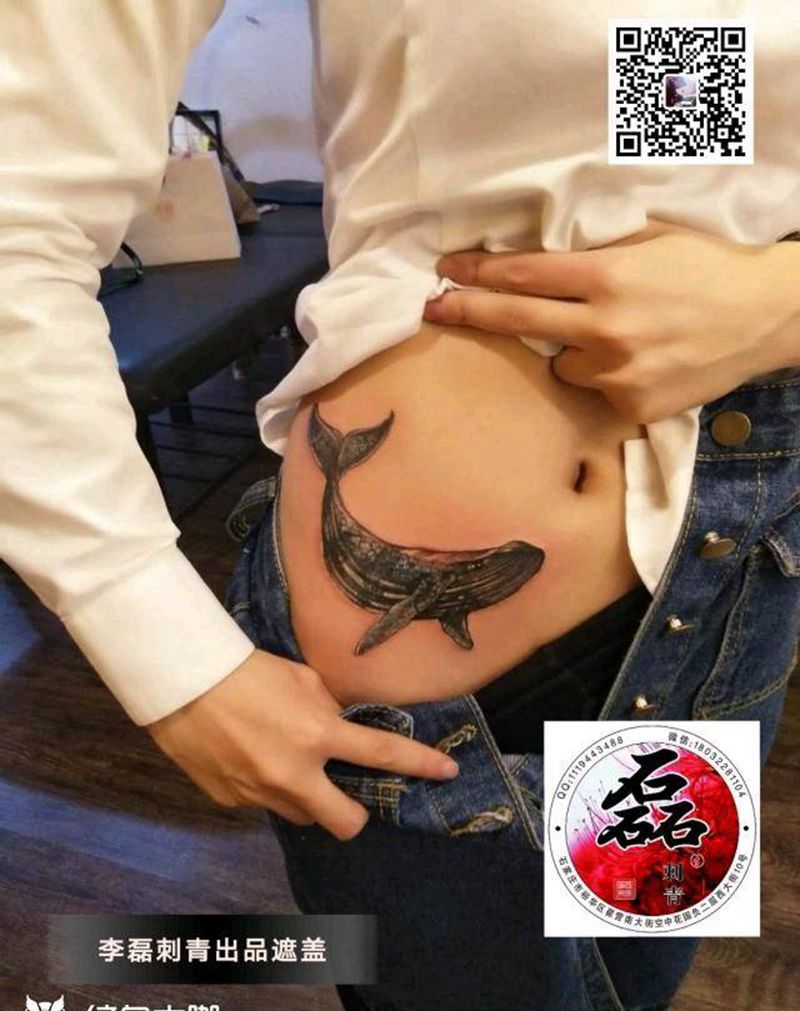 鲲，遮盖纹身图片_腰部清新动物纹身图案